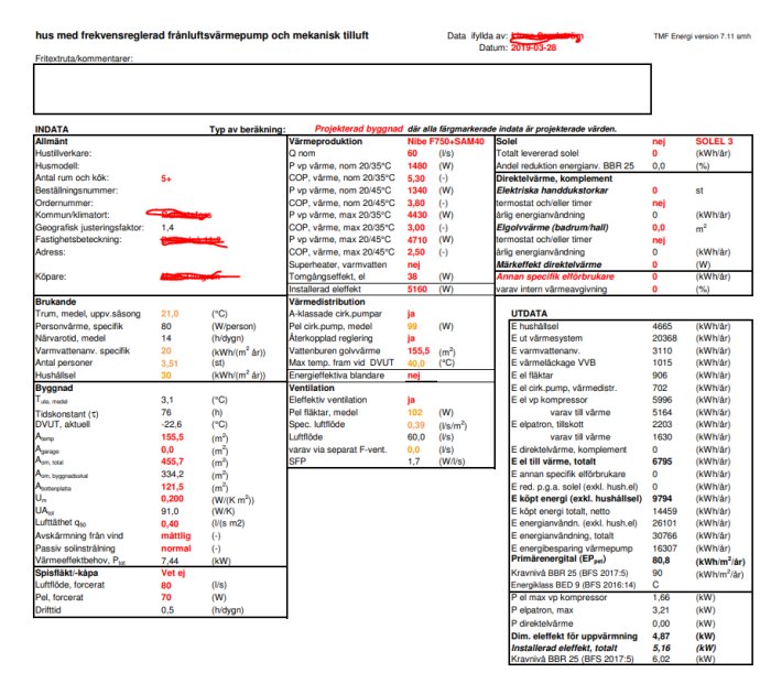 Energiberäkningsdokument för ett hus med bergvärme och FTX, inkluderande detaljerade specifikationer och värden.