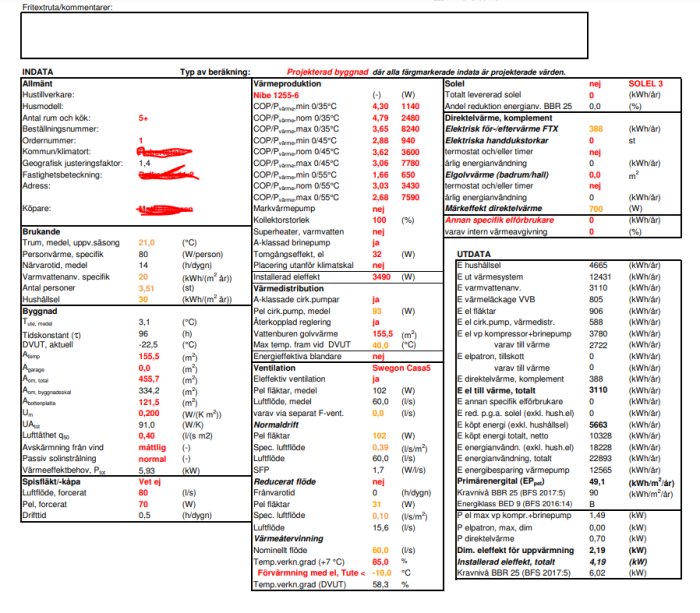 Energiberäkningsdokument med tekniska specifikationer för två värmesystemalternativ för ett husbygge.