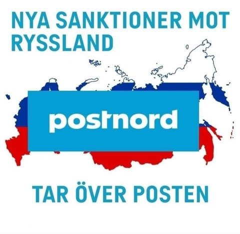 Illustration med text "Nya sanktioner mot Ryssland: postnord tar över posten" ovanpå Rysslands karta.