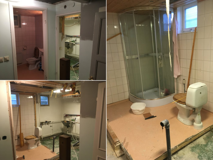 Före och efter bilder av en badrumsrenovering med delvis nedmonterad inredning och avlägsnade väggplattor.