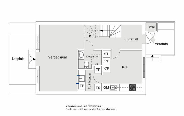 Planritning av ett radhus med markerad föreslagen dörröppning mellan tvättstuga och vardagsrum.