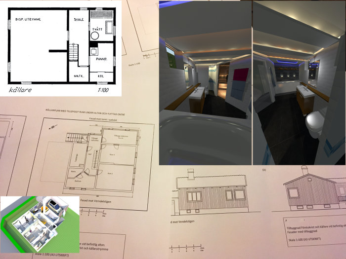 Kollage av ritningar och 3D-modell för källarrenoveringsprojekt och planerad badrum med bastu.