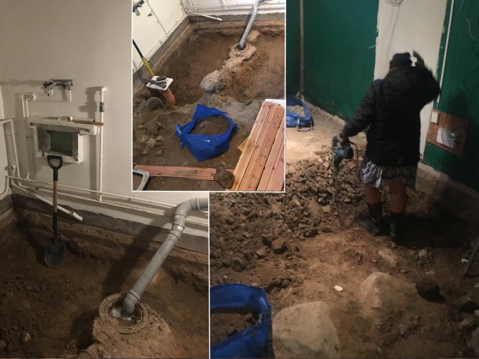 Kollage av tre bilder som visar olika steg i en källarrenovering: avloppsrörinstallering, utförd grävning och borttagning av betonggolv.