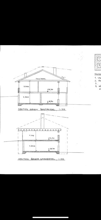 Arkitektoniska sektioner av en byggnad med mått och detaljer för bostads- och garageavdelning.