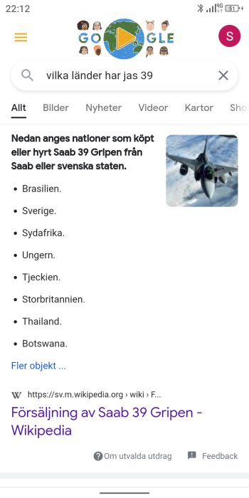 Skärmdump av en Google-sökning om Saab 39 Gripen med en lista över länder som använder stridsflygplanet.