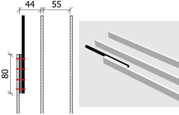 Schematisk ritning av VKR-stålrör fäst vid en golvbjälke med gängstänger och en träregel för konstruktionsförstärkning.