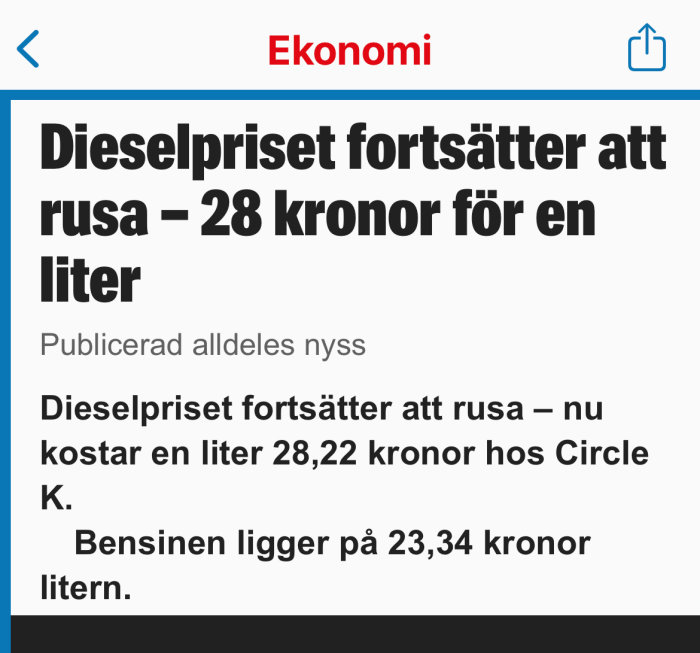 Artikel med rubrik "Dieselpriset fortsätter att rusa – 28 kronor för en liter" och nuvarande prisangivelser.