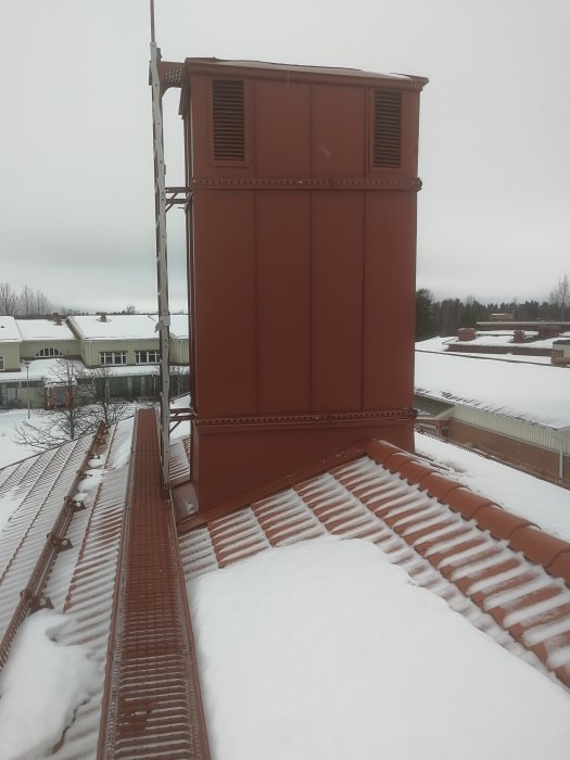 Ommålat fallskydd på snötäckt tak med skorsten och industri i bakgrunden.