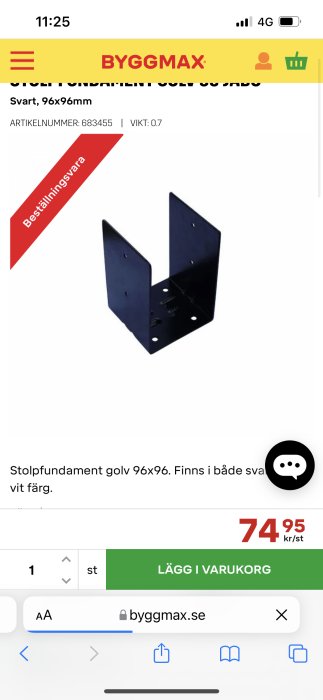 Svart stolpfundament golv 96x96mm för byggprojekt, visas på en webbshopssida.