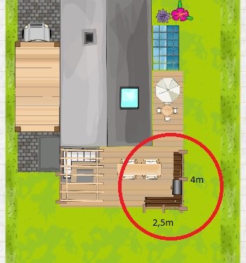 Top view illustration of a backyard with a planned utekök area marked on an altan.