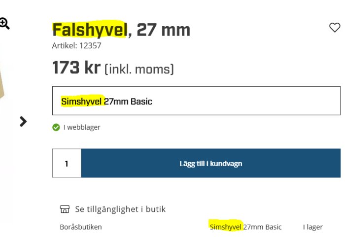 Skärmdump av en produktlista som visar en falshyvel 27 mm, prisinformation och en köpknapp.