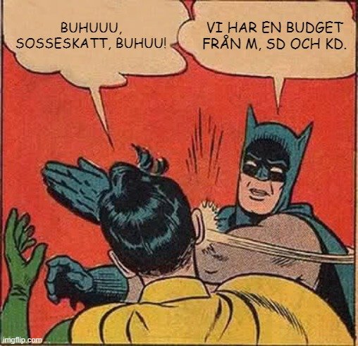 Illustration av Batman som slår Robin med pratbubblor med politisk text.