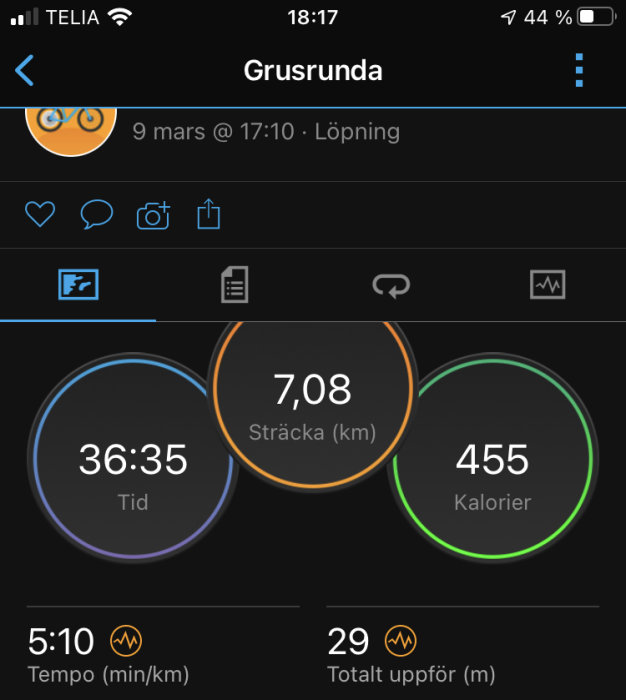 Skärmdump av en löparapp som visar statistik för en löprunda - distans 7,08 km, tid 36:35, kaloriförbrukning 455, tempo 5:10 min/km.
