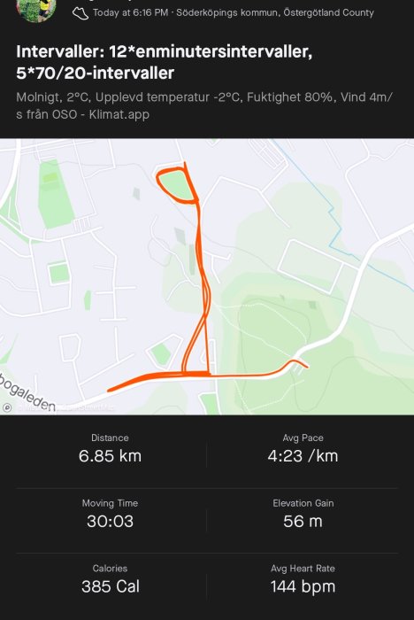 Skärmdump av löpträningsapp med karta över löprunda, träningsdata och väderinformation.