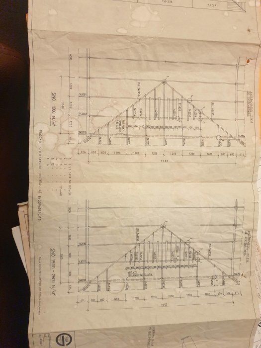 Ritningar av en takkonstruktion med måttangivelser på ett par överlappande pappersark.