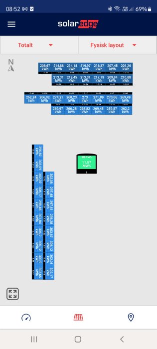 Skärmdump av SolarEdge-app med produktionsoversikt for installerade solceller.