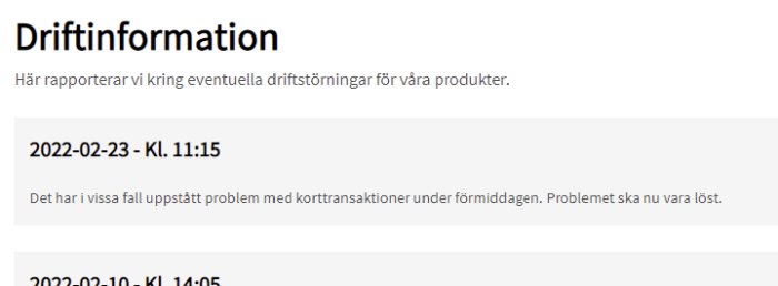 Skärmdump av driftinformationswebbsida med text om rapporterade driftstörningar den 23 februari kl 11:15.