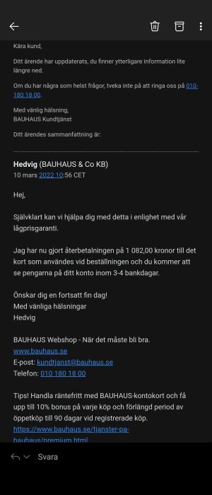 Skärmdump av ett kundservice-meddelande från Bauhaus bekräftandes återbetalning och kundkontaktuppgifter.