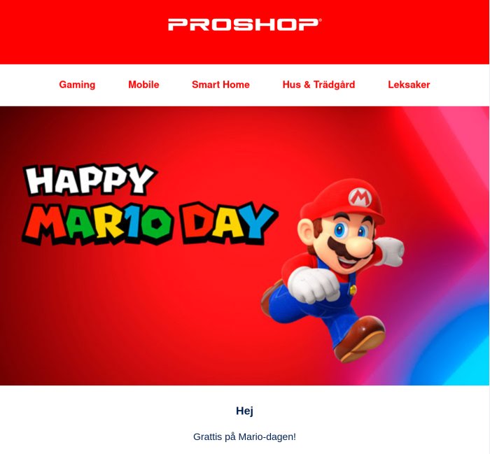 Happy Mario Day-gratulationskort från Proshop med tecknad Mario-figuren.