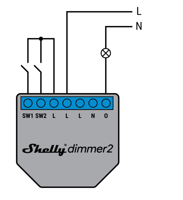 Elektriskt kopplingsschema för Shelly Dimmer 2 utan neutralledare med en lampa och två strömbrytare.