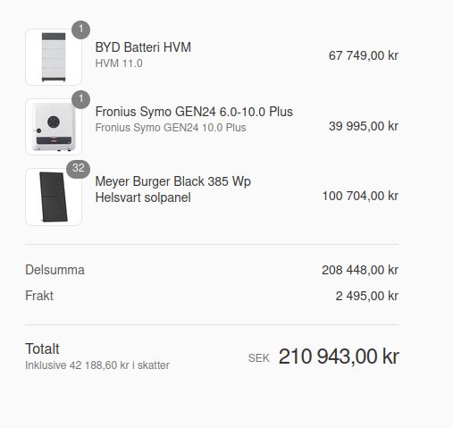 Skärmdump av en offert från solproffset.se, visar priser för solpaneler, batteri och inverter, totalt 210 943 kr.