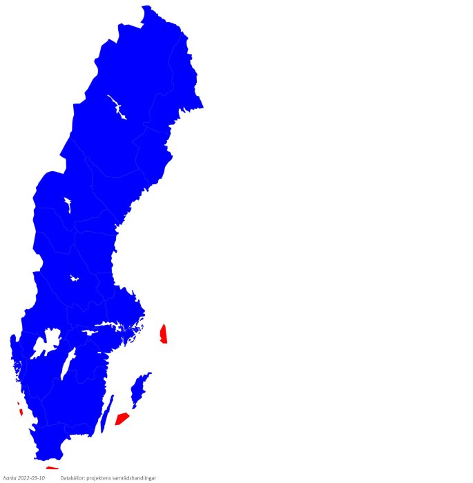 Karta visar potentiella havsbaserade vindkraftparker markerade med rött runt Sverige.