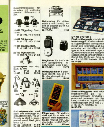 Utdrag ur en 1983 års katalog som visar diverse elektronikkomponenter och en MY-KIT SYSTEM 7 elektronikbyggsats.