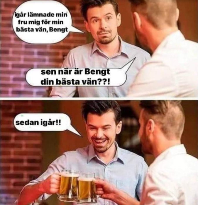 Två män i samtal på en bar med pratbubblor som skämtsamt diskuterar en bästa vän.