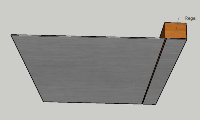 Principskiss av utekök med betongskiva och infäst regel för diskussion om gömda gångjärnsinstallationer.