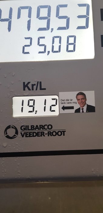 Bild på en bensinpump med priset 19,12 kr/l och en klisterdekal med en glad person och texten "Det där är tack vare mig".