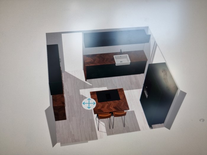 3D-design av ett litet kök med en ö och barstolar, visar begränsat utrymme runt öen.