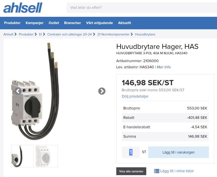 Huvudbrytare från Ahlsell med prisuppgifter och rabatter, angivet pris 146,98 SEK exklusive moms.