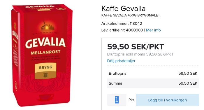 Förpackning av Gevalia Mellanrost kaffe, 450g, med prisinformation på en webbplats.