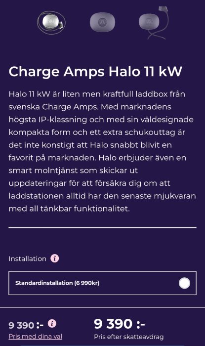 Informationsgrafik om Charge Amps Halo 11 kW laddbox, visar produktbilder och priser för standardinstallation.