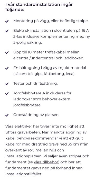 Textdokument som beskriver standardinstallation för laddbox: inkluderar väggmontering, elektrisk installation, kabeldragning och mer.