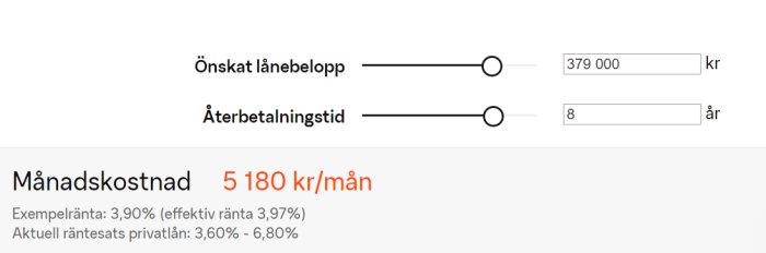 Lånekalkylator som visar månadskostnad på 5 180 kr för önskat lån om 379 000 kr med återbetalningstid på 8 år.