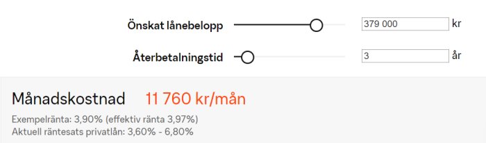 Bilfinansieringskalkylator visar månadskostnad på 11 760 kronor för ett lån på 379 000 kronor över 3 år.