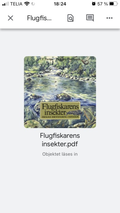 Skärmdump av en PDF-boktitel "Flugfiskarens insekter" med bild av en å och insekter.