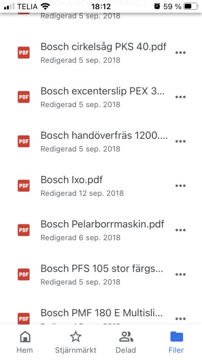 Skärmdump på en digital enhet visande en lista över nedladdade Bosch bruksanvisningar i PDF-format.