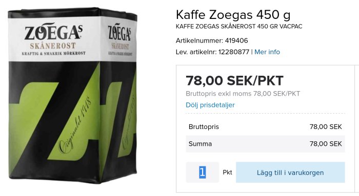 Zoegas Skånerost kaffe 450g förpackning med pris 78 SEK per paket på Ahlsells hemsida.