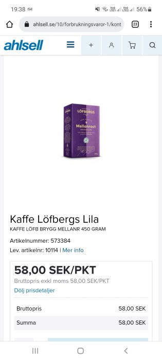 Förpackning av Löfbergs Mellanrost kaffe 450g på Ahlsells webbsida med prisinformation.