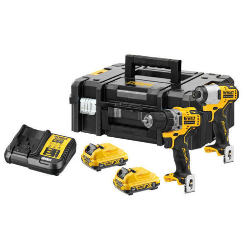 Dewalt 12-volts verktygskit med en skruvdragare, slagskruvdragare, två batterier, laddare och en TSTAK-väska.