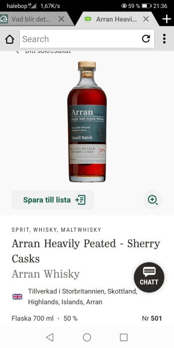 Flaska Arran Heavily Peated Single Malt Scotch Whisky, small batch, på en mobilskärmsbild.
