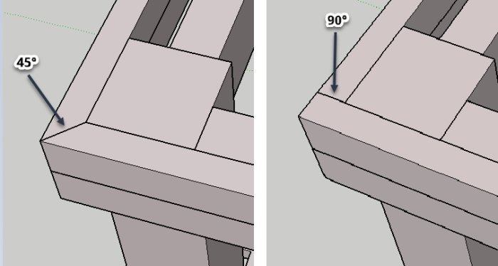 Två 3D-illustrationer som visar sammanfogning av träribbor i 45 och 90 graders vinkel för utekök.