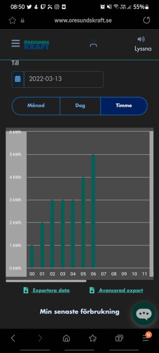 Skärmdump av elanvändningshistorik som visar högre elförbrukning nattetid.