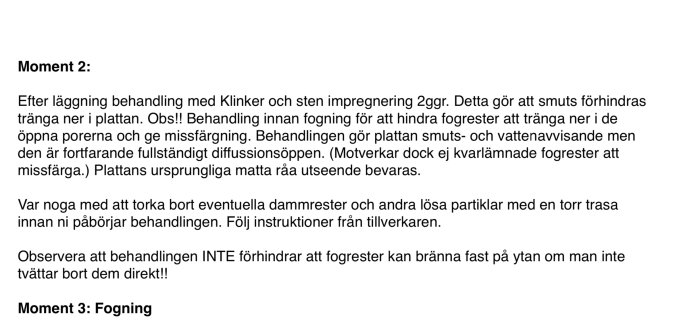 Skärmdump av instruktioner för förbehandling av klinker och sten före fogning för att förhindra missfärgning.