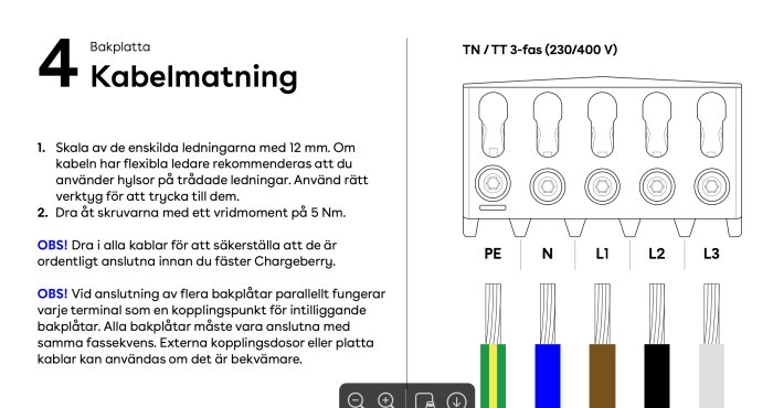 Diagram från en installationsmanual som visar kabelmatning för flerfackskoppling för laddboxar.