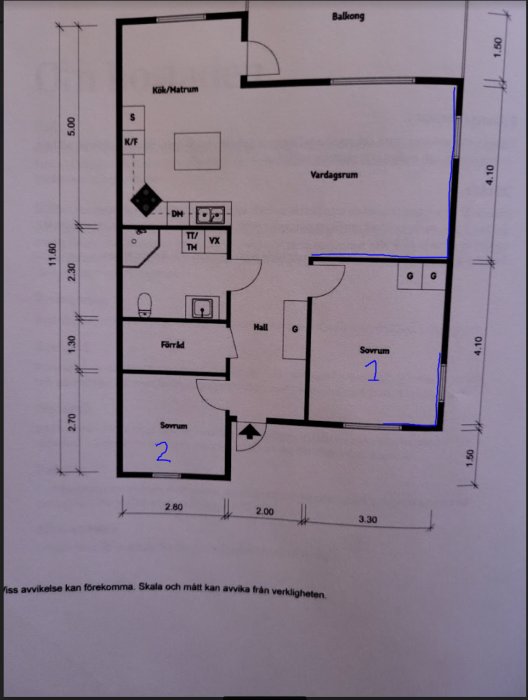 Planritning av en lägenhet med markeringar som indikerar användarens färgval för olika rum.