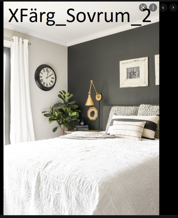 Sovrum med en mörkgrå vägg bakom sängen, vita omgivande väggar och inredningsdetaljer.