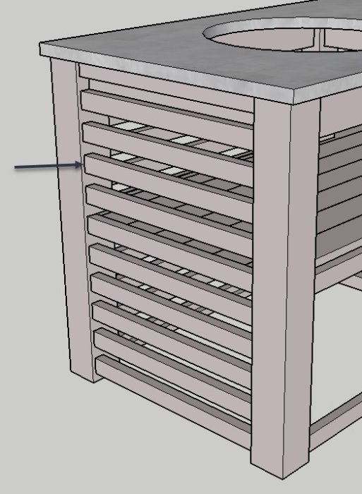 3D-rendering av en konstruktion för ett bord med slitsade ribbor på gavlarna och tjocka hörnstolpar.